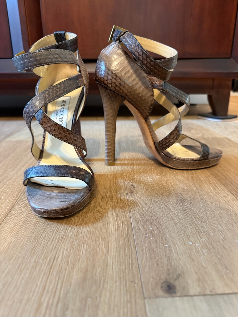 Jimmy Choo Brown Snakeskin Strappy High Heel Sandals